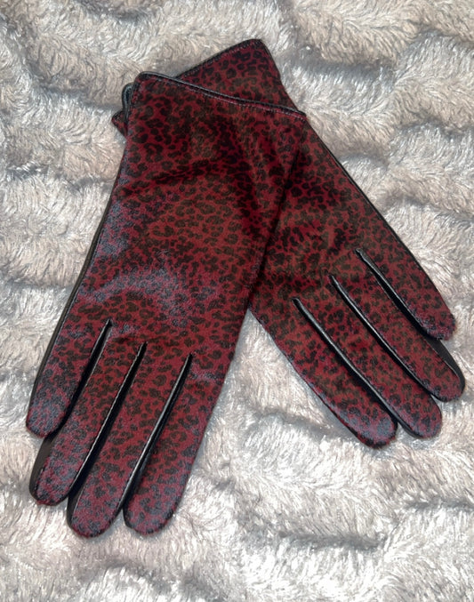 Pretty Kitty Leopard Print Fur and Leather Gloves Burgundy